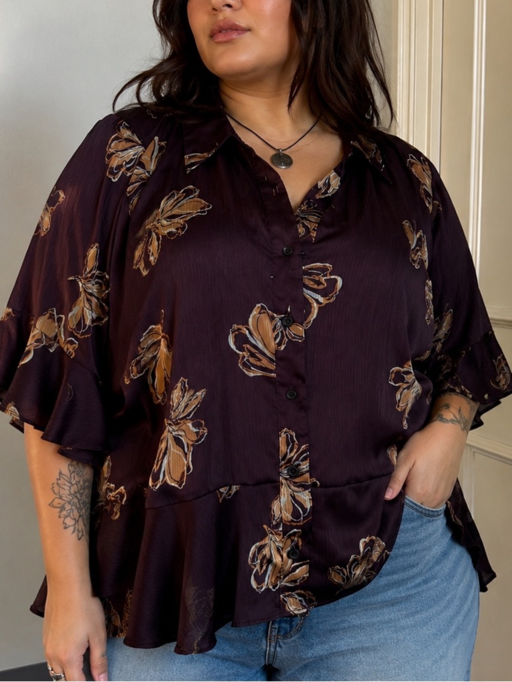 Nine West XL Plum Floral Bell Sleeve Ruffle Blouse